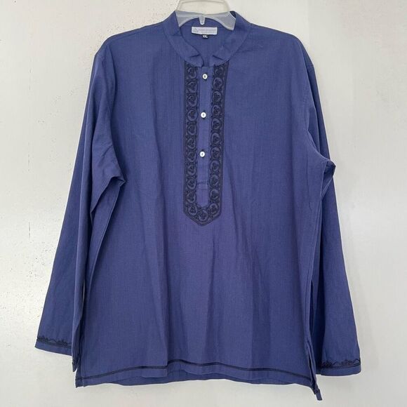 Maison du Caftan Linen Shirt Men's XXL Handmade Moroccan Embroidery Tunic Blue - Picture 1 of 9